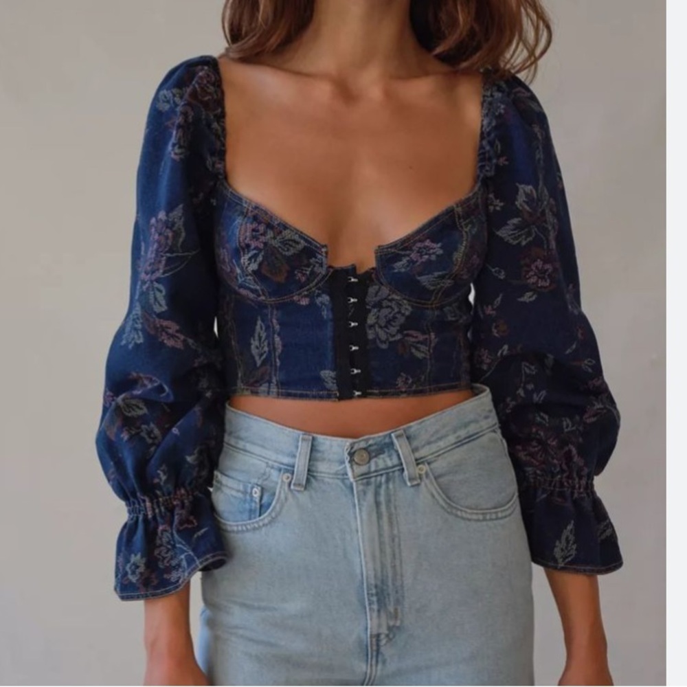 Urban outfitters denim corset cropped top with balloon sleeves